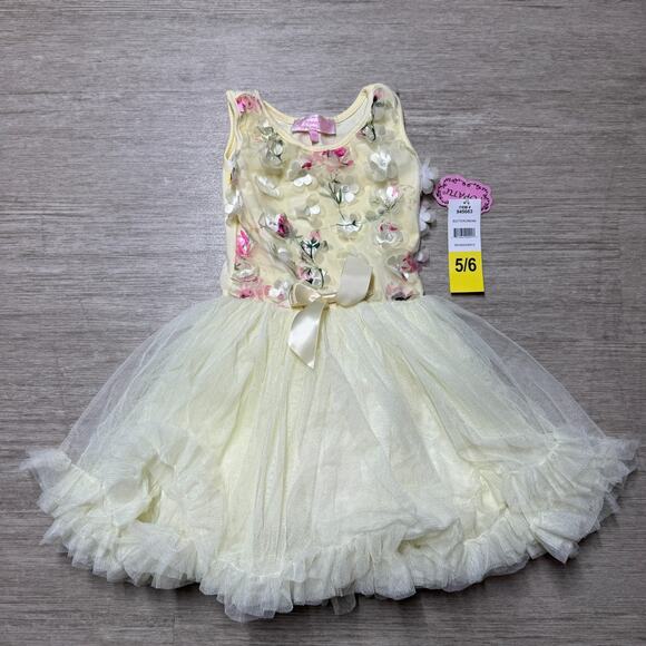 Popatu Sleevless Yellow Dress W/ Tulle Skirt Bottom NWT 5/6 Floral Bow Tie - Picture 1 of 9
